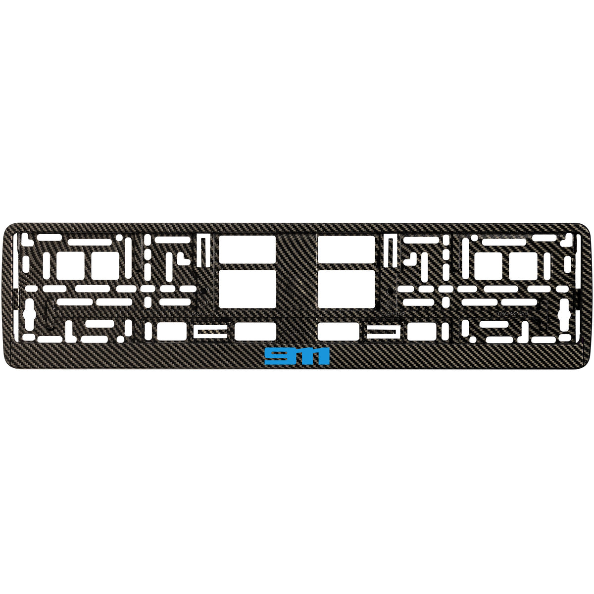 
        Carbon style license plate frame with blue cyan 911 logo
     