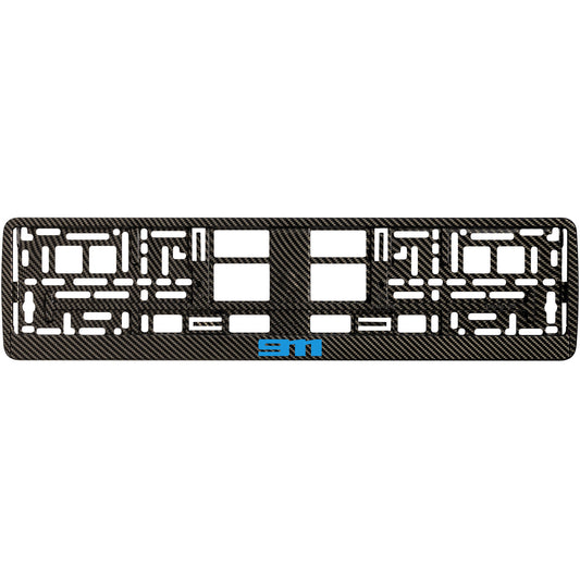 Carbon style license plate frame with blue cyan 911 logo