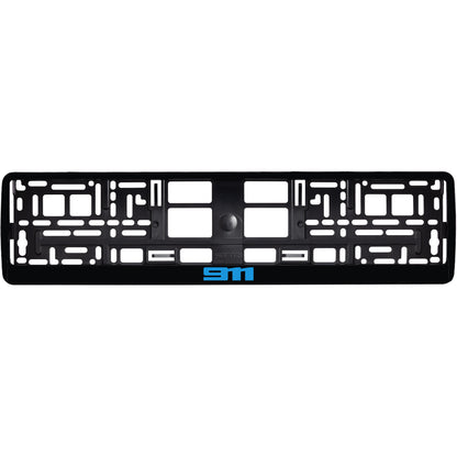 gloss black license plate frame with blue cyan 911 logo