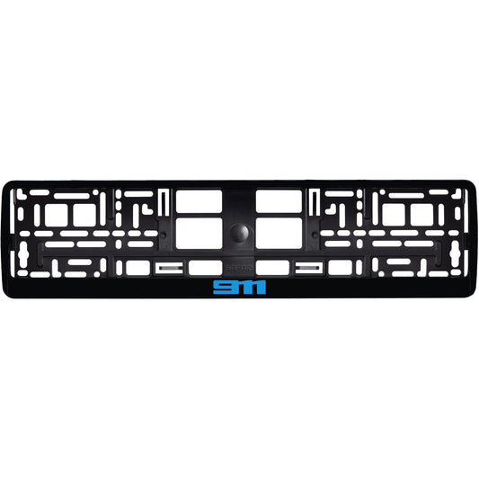 gloss black license plate frame with blue cyan 911 logo