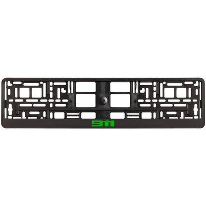 black license plate frame with green 911 logo