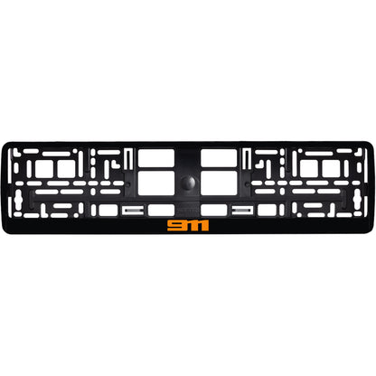 gloss black license plate frame with orange 911 logo