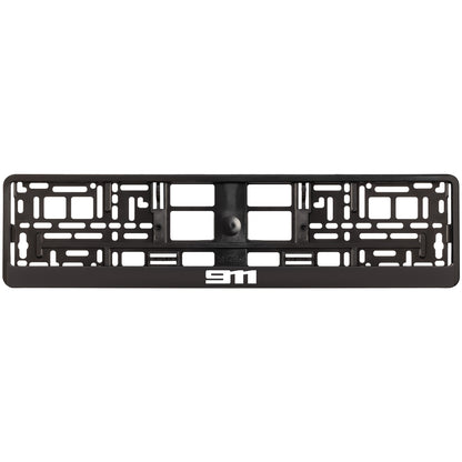 black license plate frame with white 911 logo