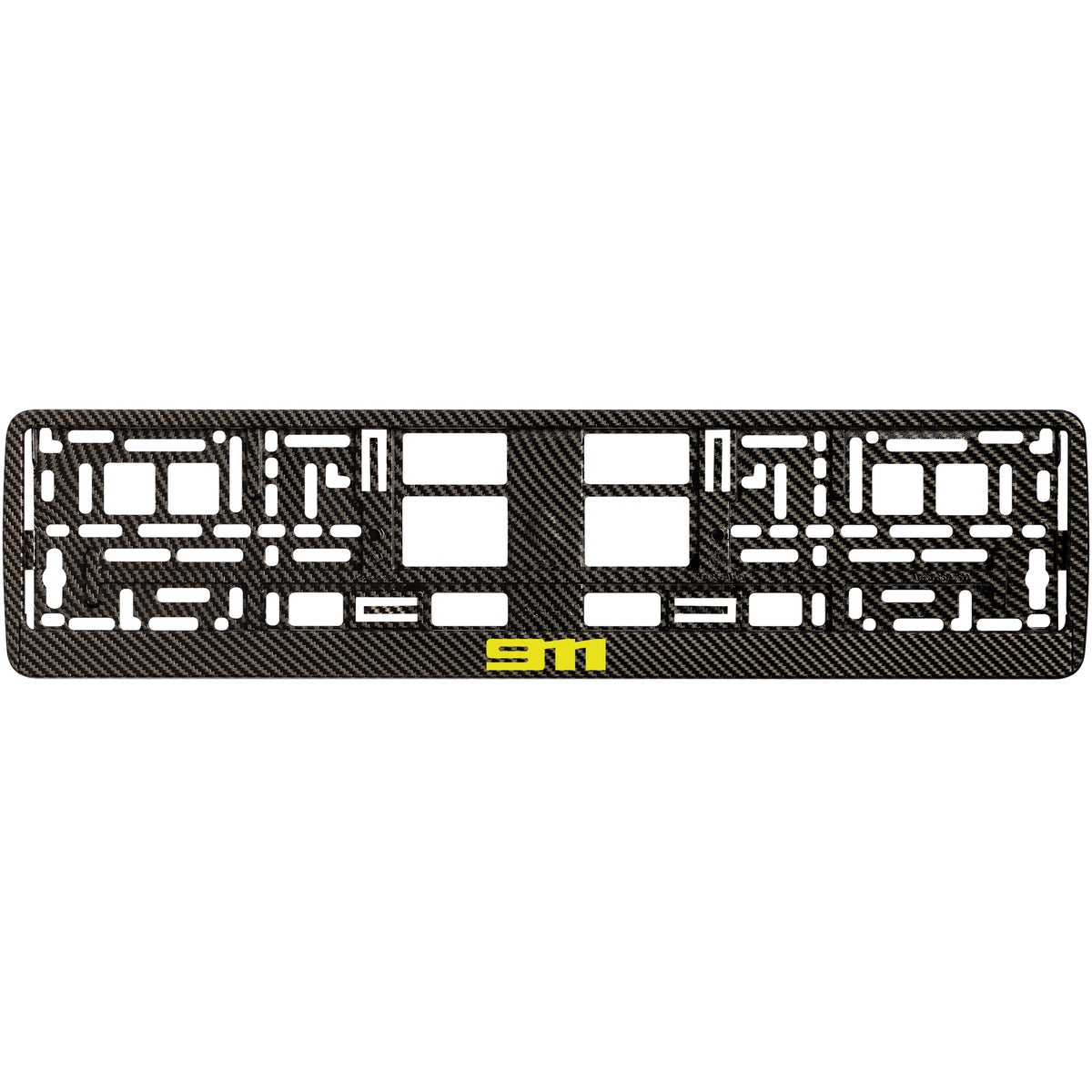 
        Carbon style license plate frame with yellow 911 logo
     