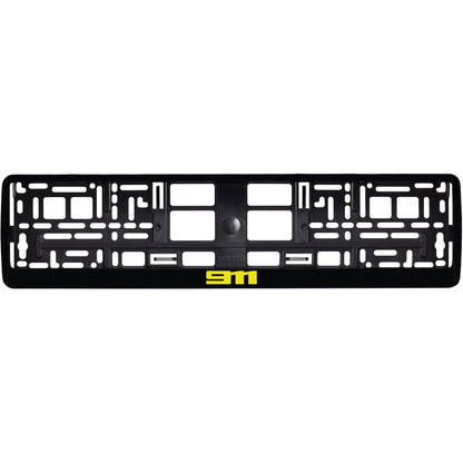 gloss black license plate frame with yellow 911 logo