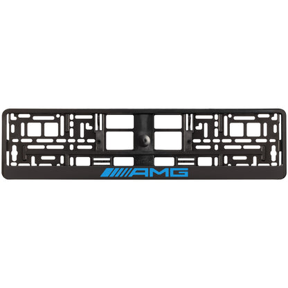 Black license plate frame with blue cyan AMG logo