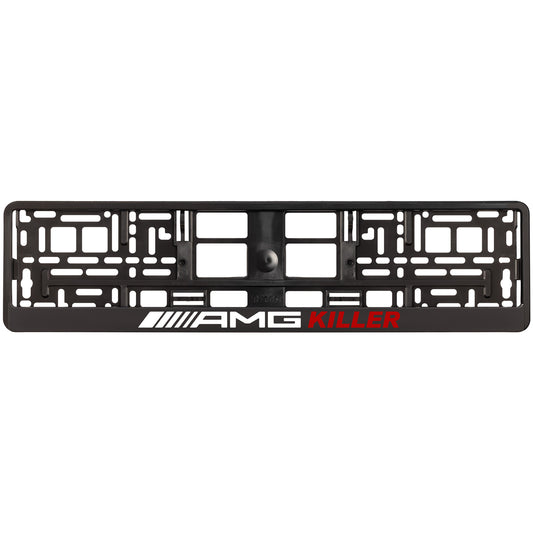 Black license plate frame with AMG Killer red text 