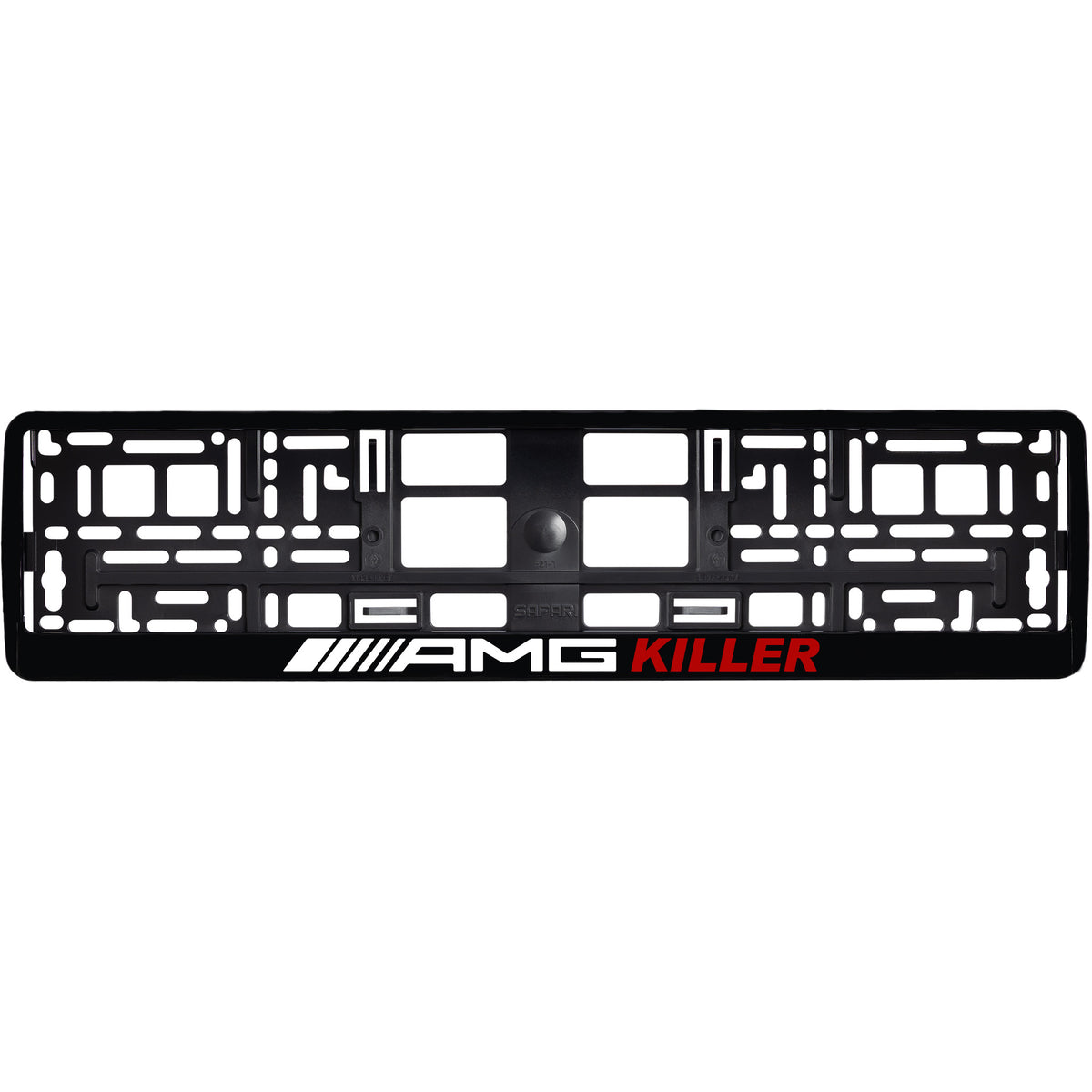 
        Gloss Black license plate frame with AMG killer red text
     