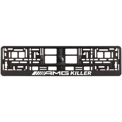 Black license plate frame with AMG Killer white text 