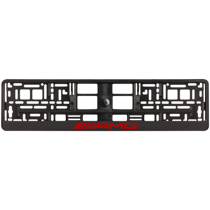 Black license plate frame with red AMG logo