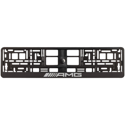 Black license plate frame with silver AMG logo