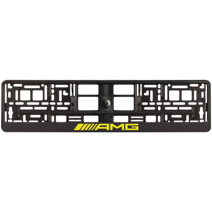 Black license plate frame with yellow AMG logo