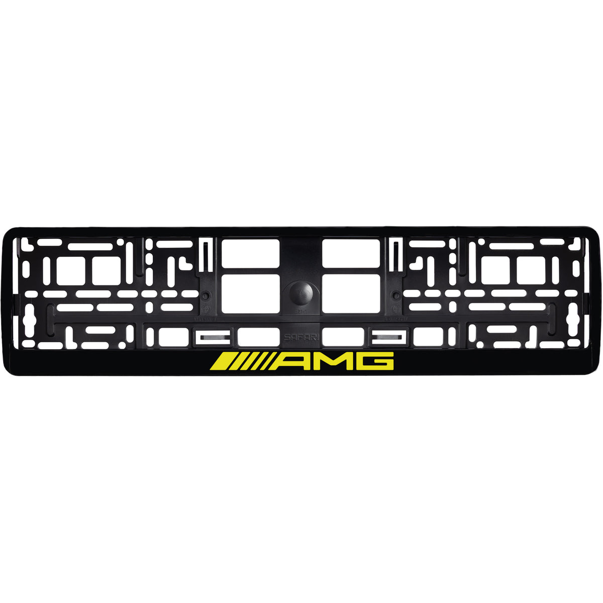 
        Gloss Black license plate frame with yellow AMG logo
     