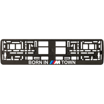 carbon license plate frame with born in m town logo
