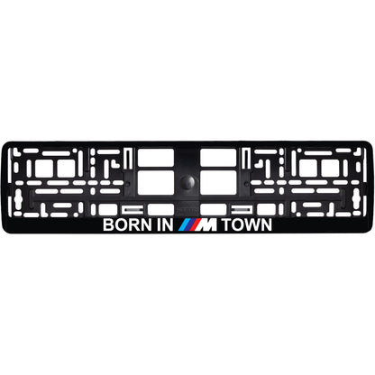 Gloss Black license plate frame with born in m town text