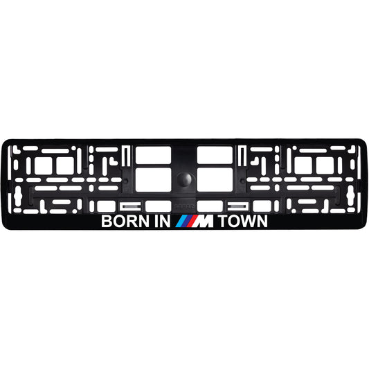Gloss Black license plate frame with born in m town text