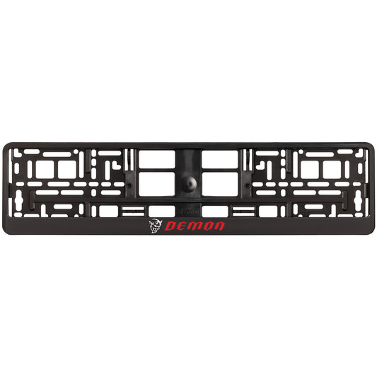 black license plate frame with white demon logo