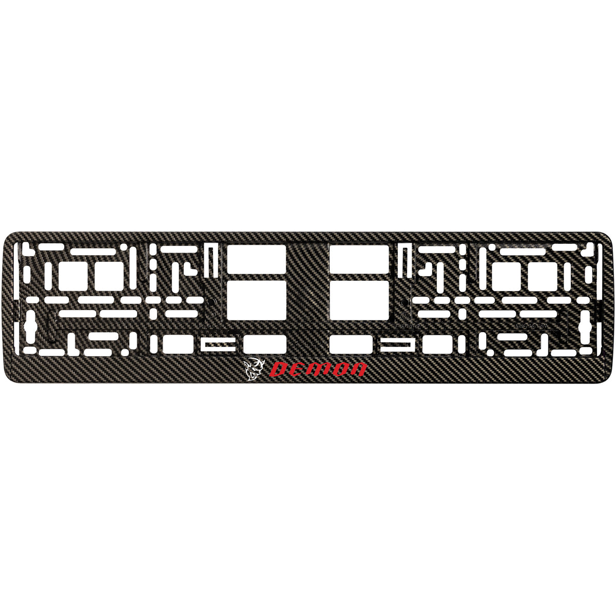 
        carbon  license plate frame with white demon logo
     