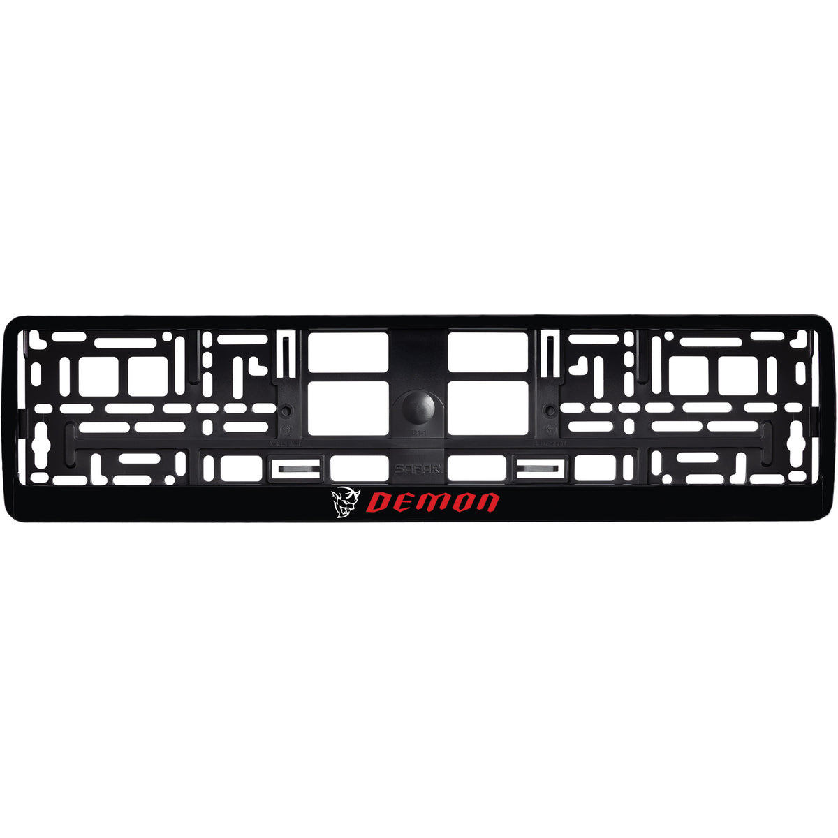 gloss black license plate frame with white demon logo
