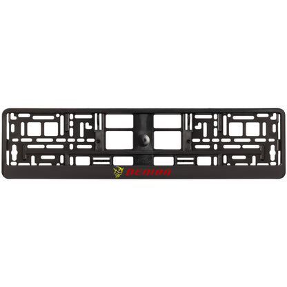 black license plate frame with yellow demon logo