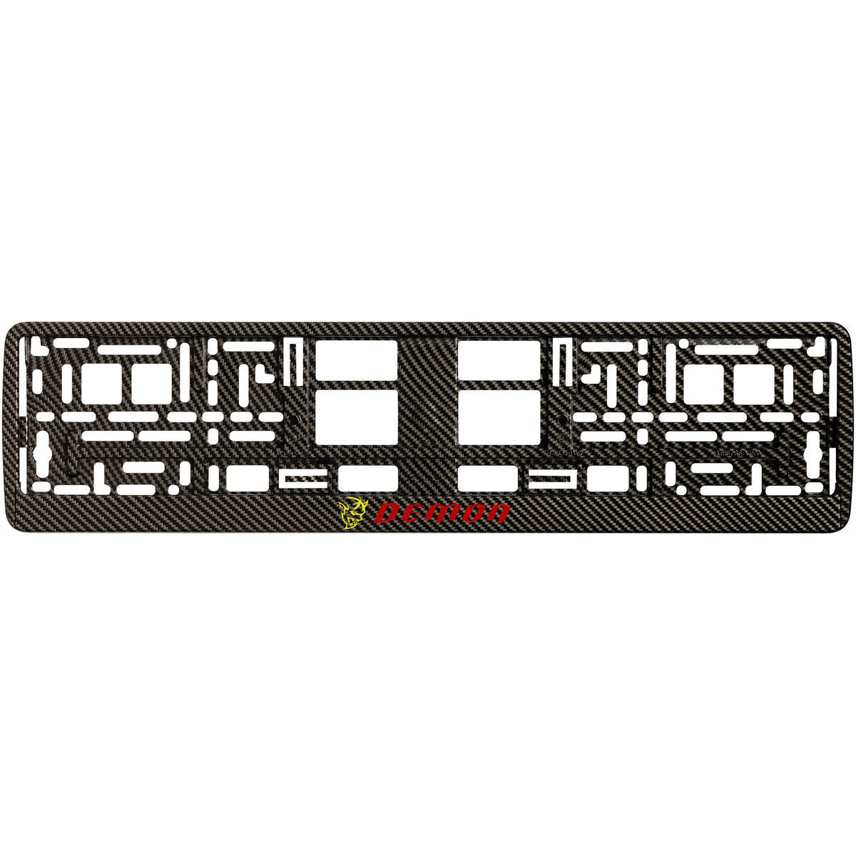 
        carbon  license plate frame with yellow demon logo
     