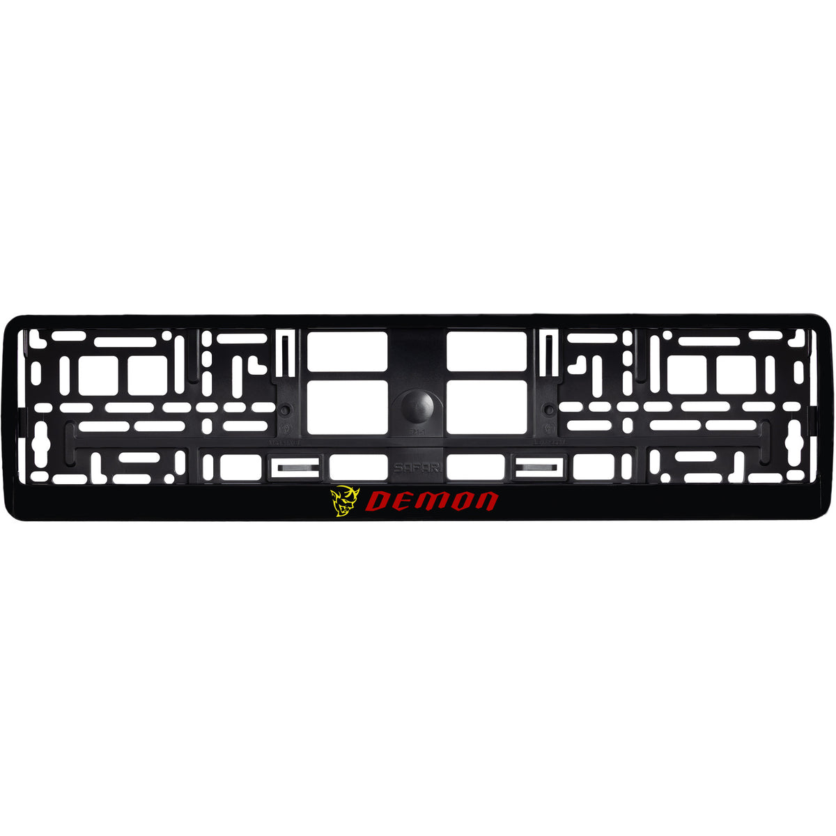 
        gloss black license plate frame with yellow demon logo
     