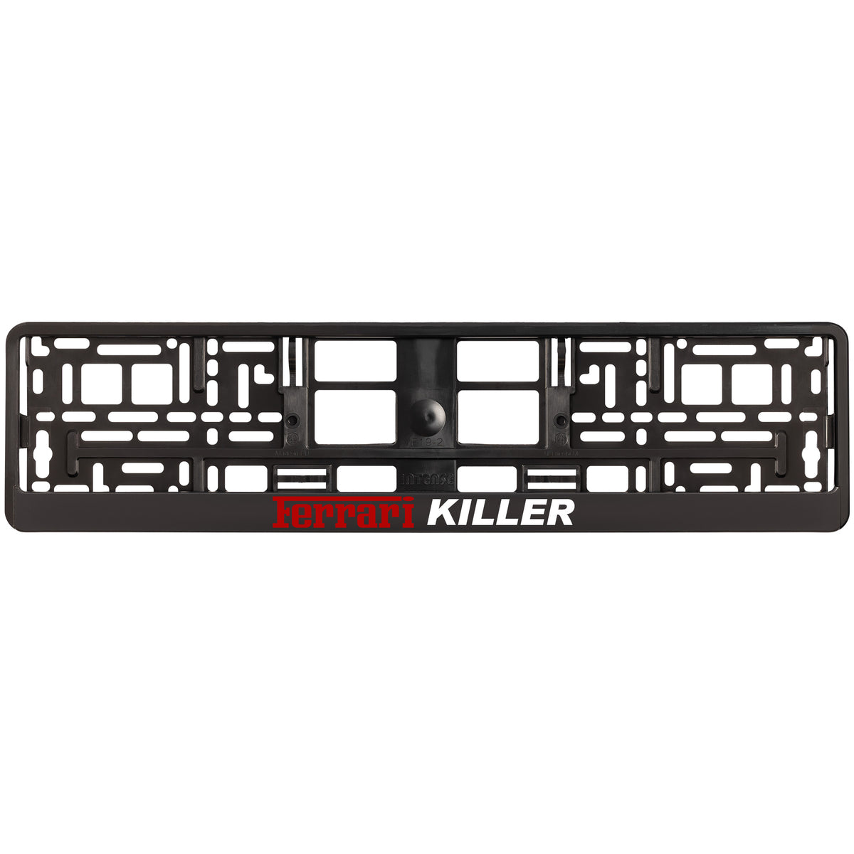 black license plate frame with white Ferrari killer text