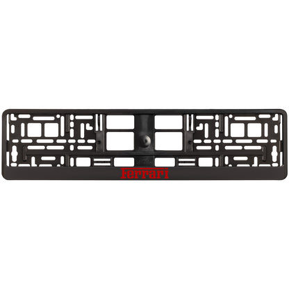 black license plate frame with red ferrari logo