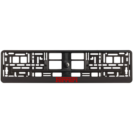 black license plate frame with red ferrari logo