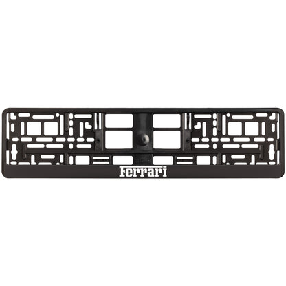 black license plate frame with white ferrari logo