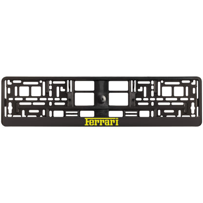 black license plate frame with yellow ferrari logo