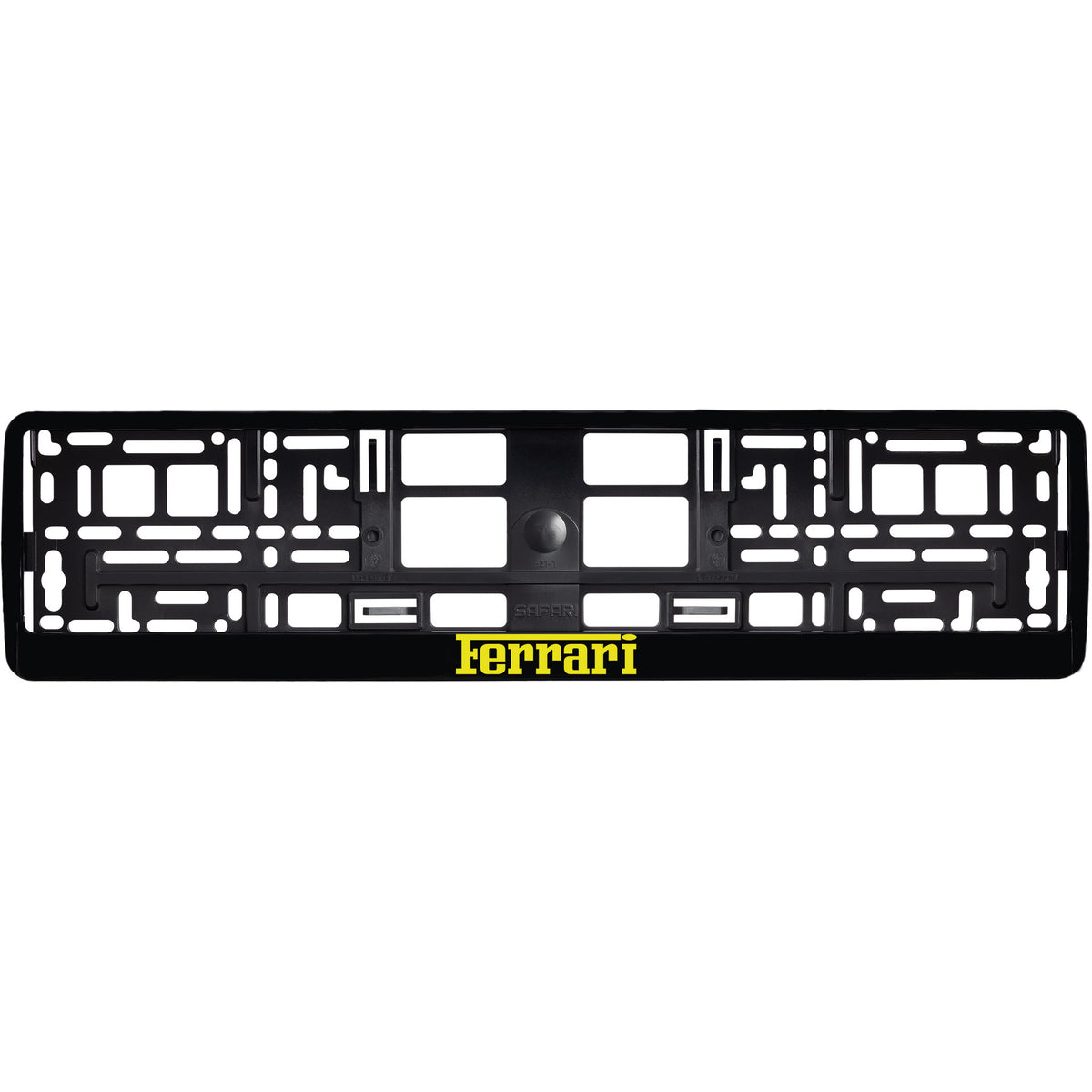 
        gloss black license plate frame with yellow ferrari logo
     