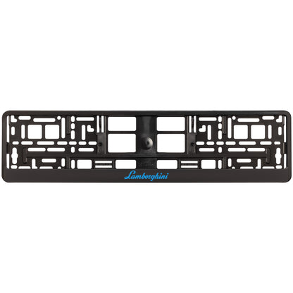 black license plate frame with blue cyan lamborghini logo