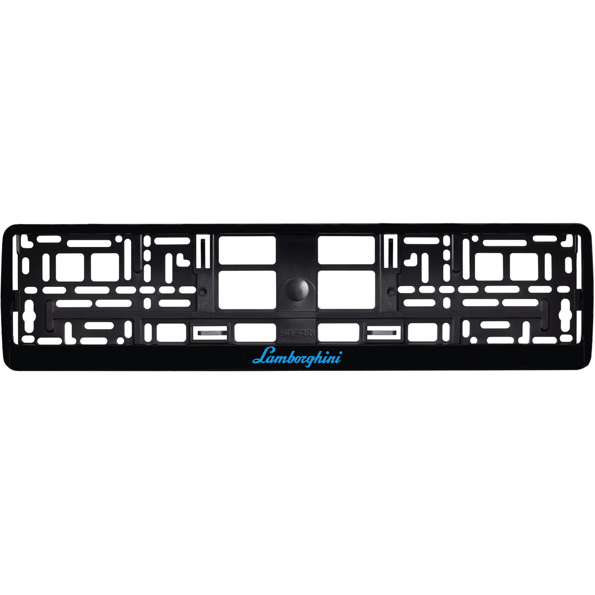 
        gloss black license plate frame with blue cyan lamborghini logo
     