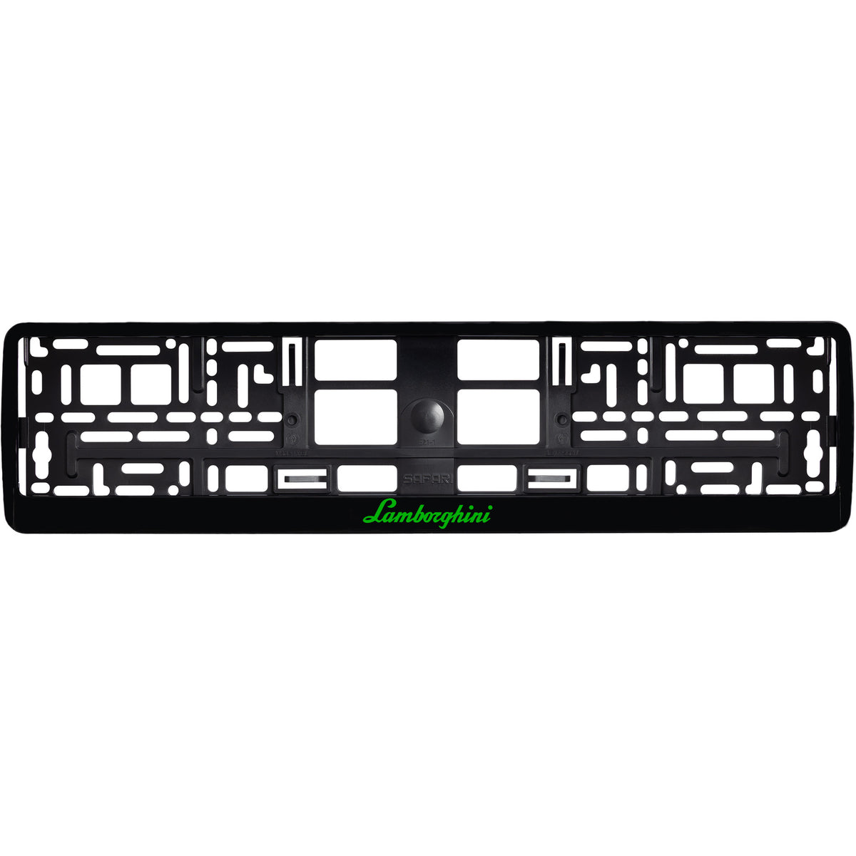 
        gloss black license plate frame with green lamborghini logo
     