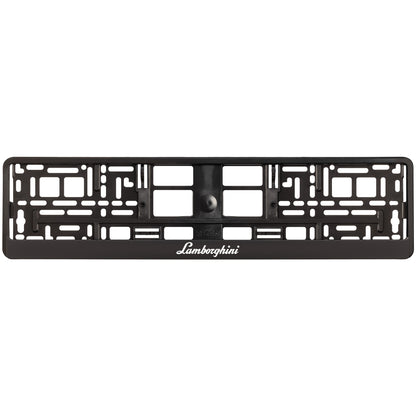 black license plate frame with white lamborghini logo