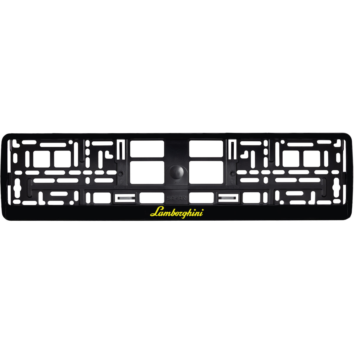 
        gloss black license plate frame with yellow lamborghini logo
     