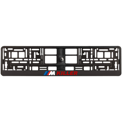 black license plate frame with red m killer logo