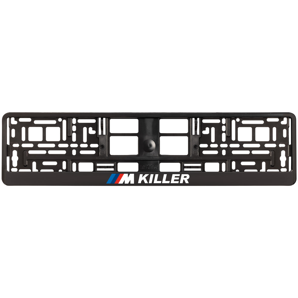 black license plate frame with white m killer logo