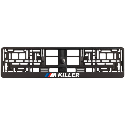 black license plate frame with white m killer logo