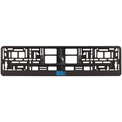 black license plate frame with blue cyan mach 1 logo