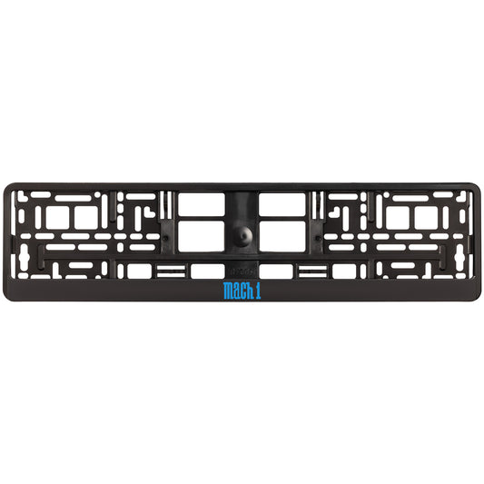 black license plate frame with blue cyan mach 1 logo