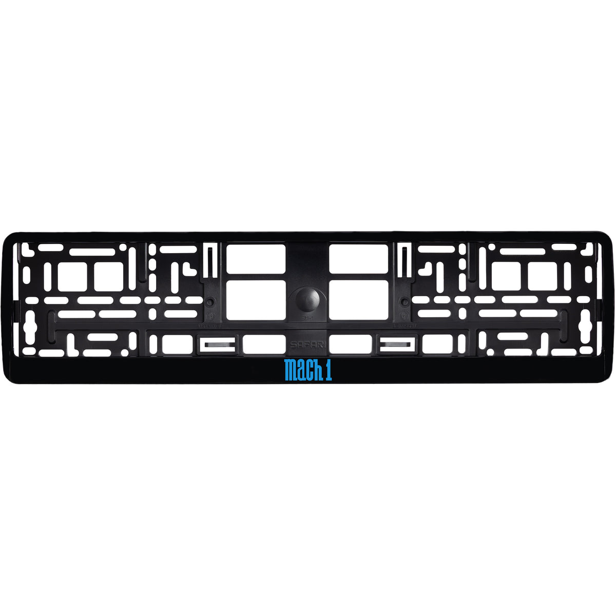 
        gloss black license plate frame with blue cyan mach 1 logo
     