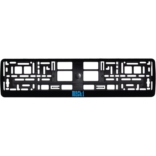 gloss black license plate frame with blue cyan mach 1 logo