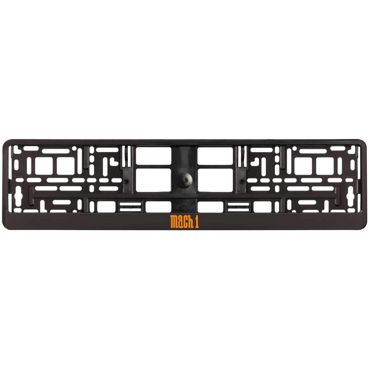 
        black license plate frame with orange mach 1 logo
     