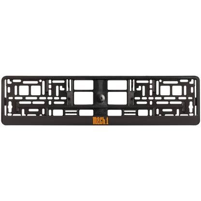 black license plate frame with orange mach 1 logo