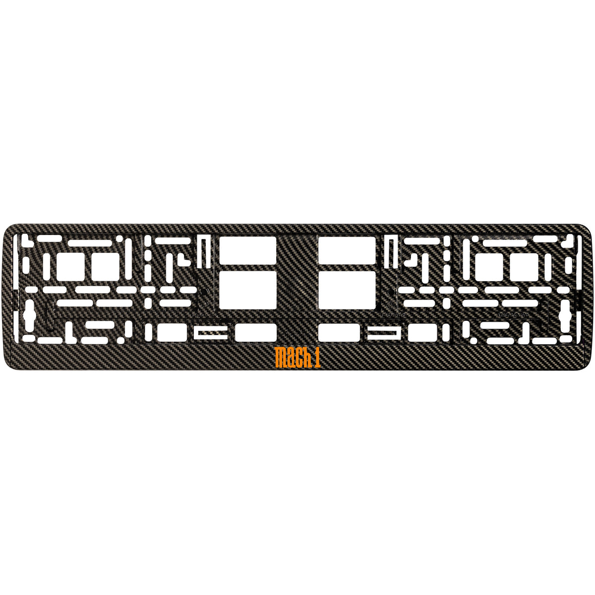 
        carbon  license plate frame with orange mach 1 logo
     