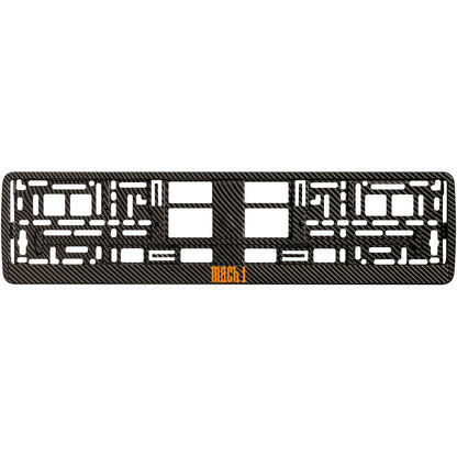 carbon  license plate frame with orange mach 1 logo