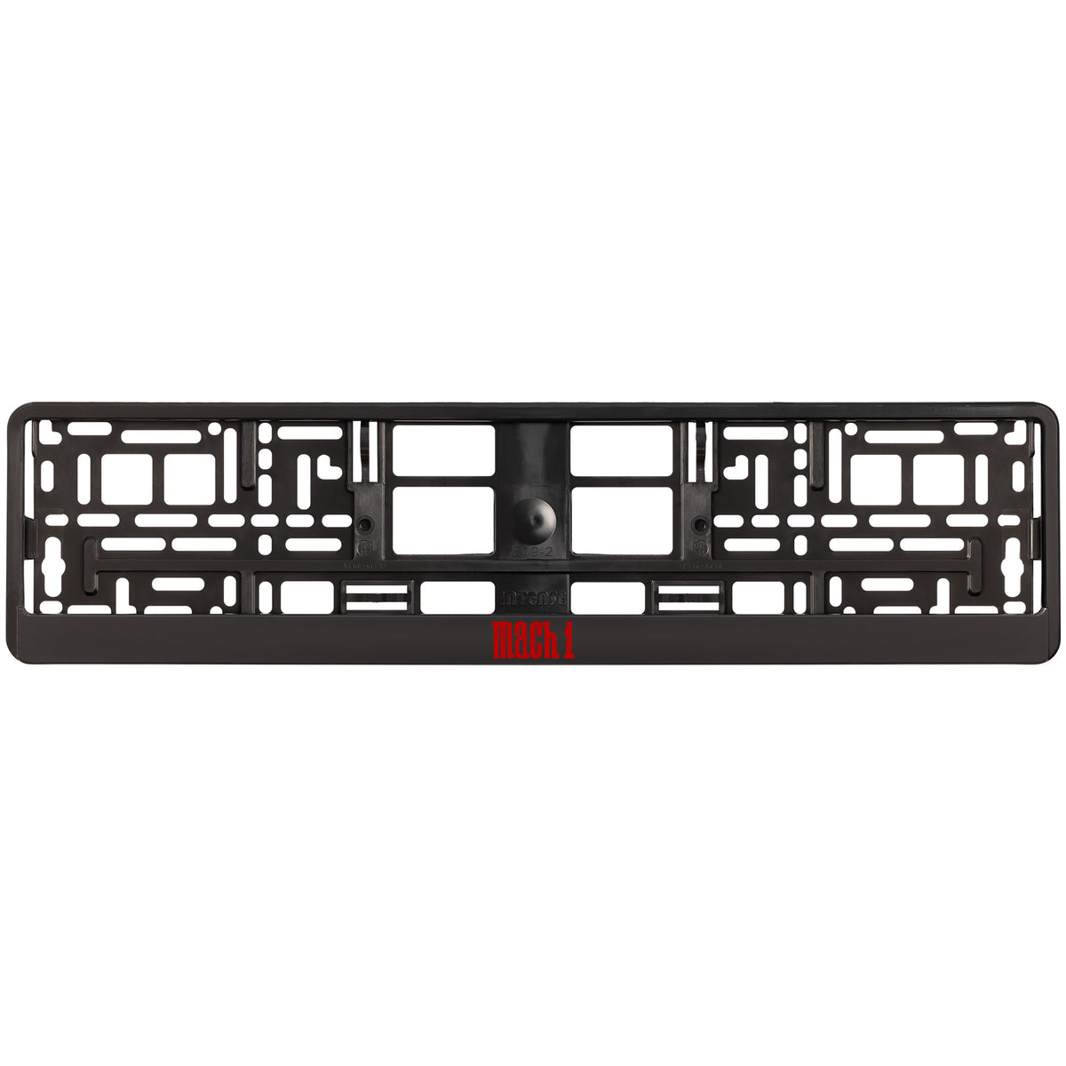 
        black license plate frame with red mach 1 logo
     