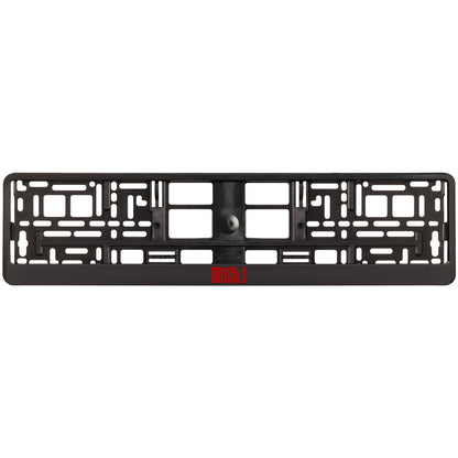 black license plate frame with red mach 1 logo
